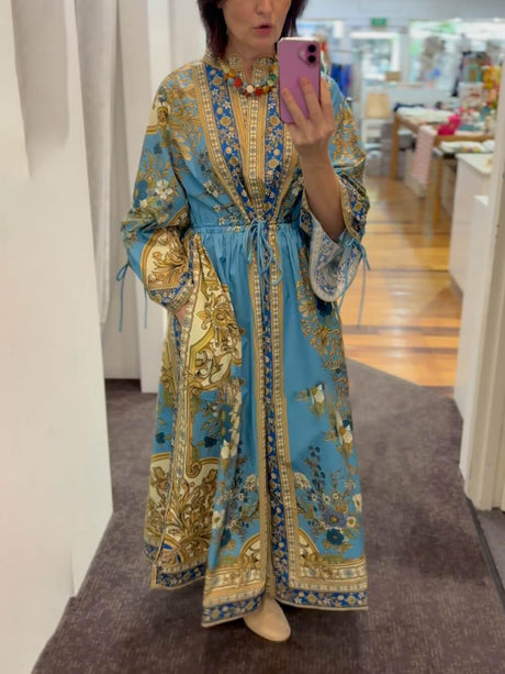 Aurohaya Unique Effortless Floral Print Cuffs Waist Drawstring Loose Shirt Silhouette Dress