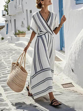 Aurohaya Casual Holiday V-neck Striped Print Maxi Dress White