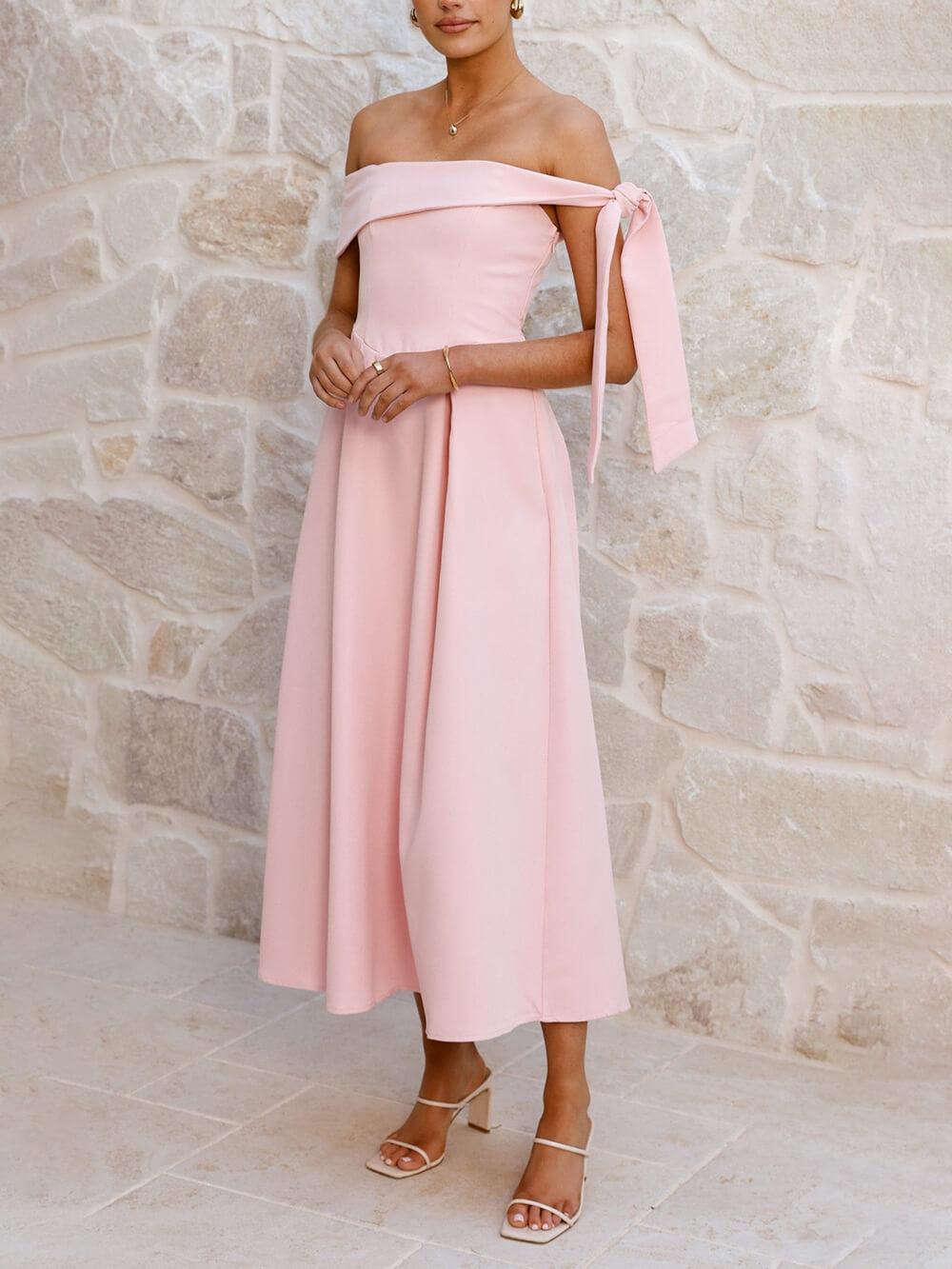 Aurohaya Elegant Off-Shoulder Tie Ruched Midi Dress