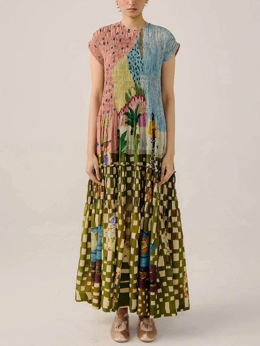 Aurohaya Retro Pleated Print Maxi Dress Multi