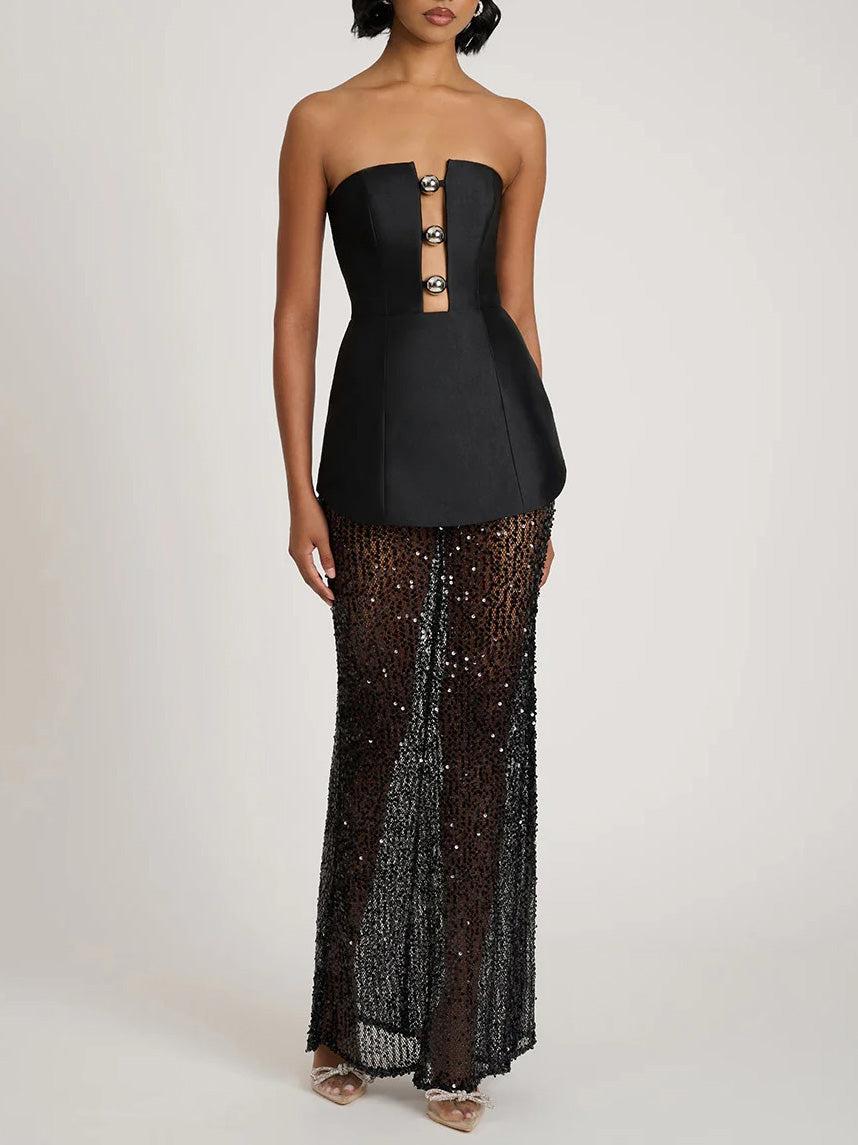 Aurohaya Elegant Bandeau Neck Sequined Maxi Dress Black