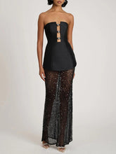 Aurohaya Elegant Bandeau Neck Sequined Maxi Dress Black