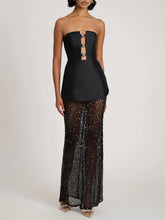 Elegant Bandeau Neck Sequined Maxi Dress