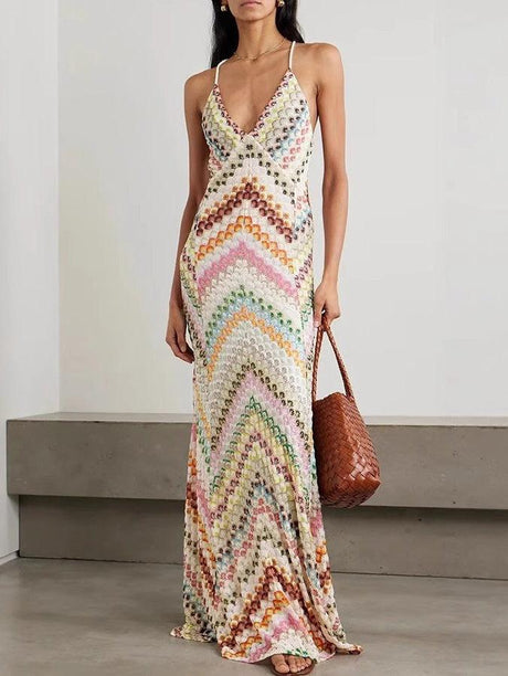Aurohaya Unique Knit Colorful Herringbone Open Back Maxi Dress Multi