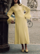 Aurohaya Elegant High-Neck Feather Cuff Chiffon Midi Dress Yellow