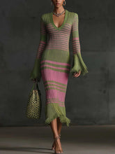 Aurohaya Retro Irregular Striped Tassel Knitted Midi Dress Green