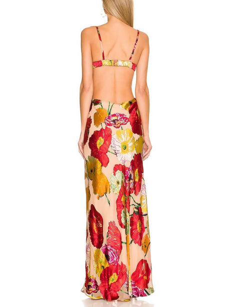 Aurohaya Elegant Floral Print Cutout Backless Maxi Dress