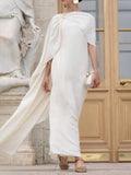 Elegant Pleated Flowing Cape Maxi Dress