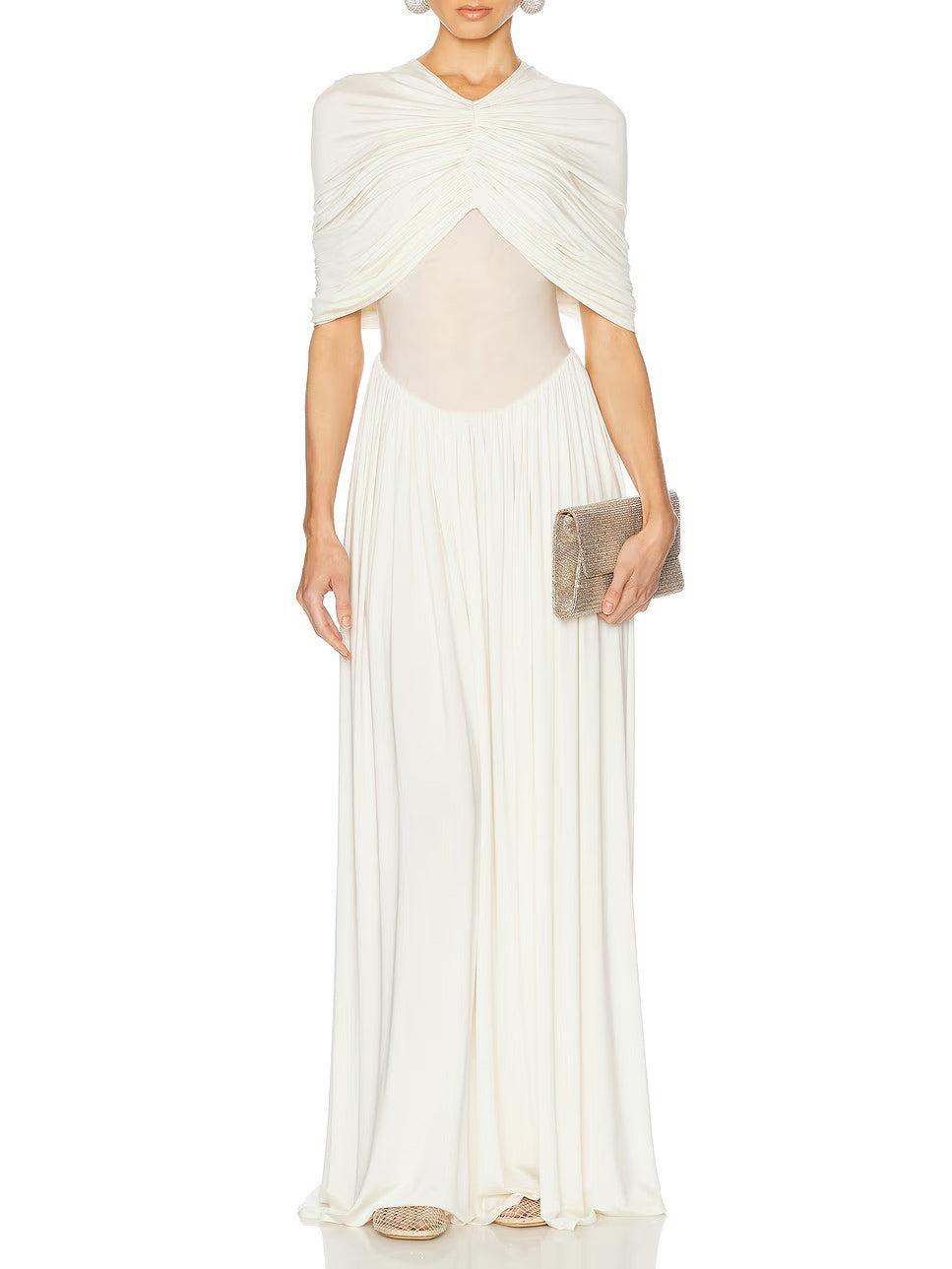 Aurohaya Elegant V-neck Pleated Maxi Dress White