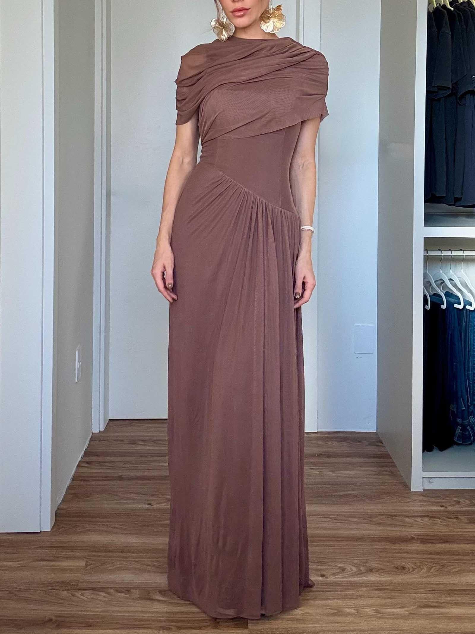 Aurohaya Elegant Asymmetrical Pleated Mesh Short-sleeved Maxi Dress Brown