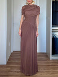 Aurohaya Elegant Asymmetrical Pleated Mesh Short-sleeved Maxi Dress Brown
