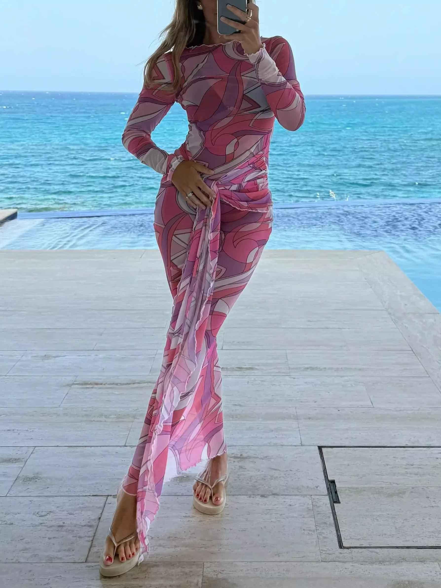 Aurohaya Unique Abstract Geometric Print Mesh Lace-up Maxi Dress Pink