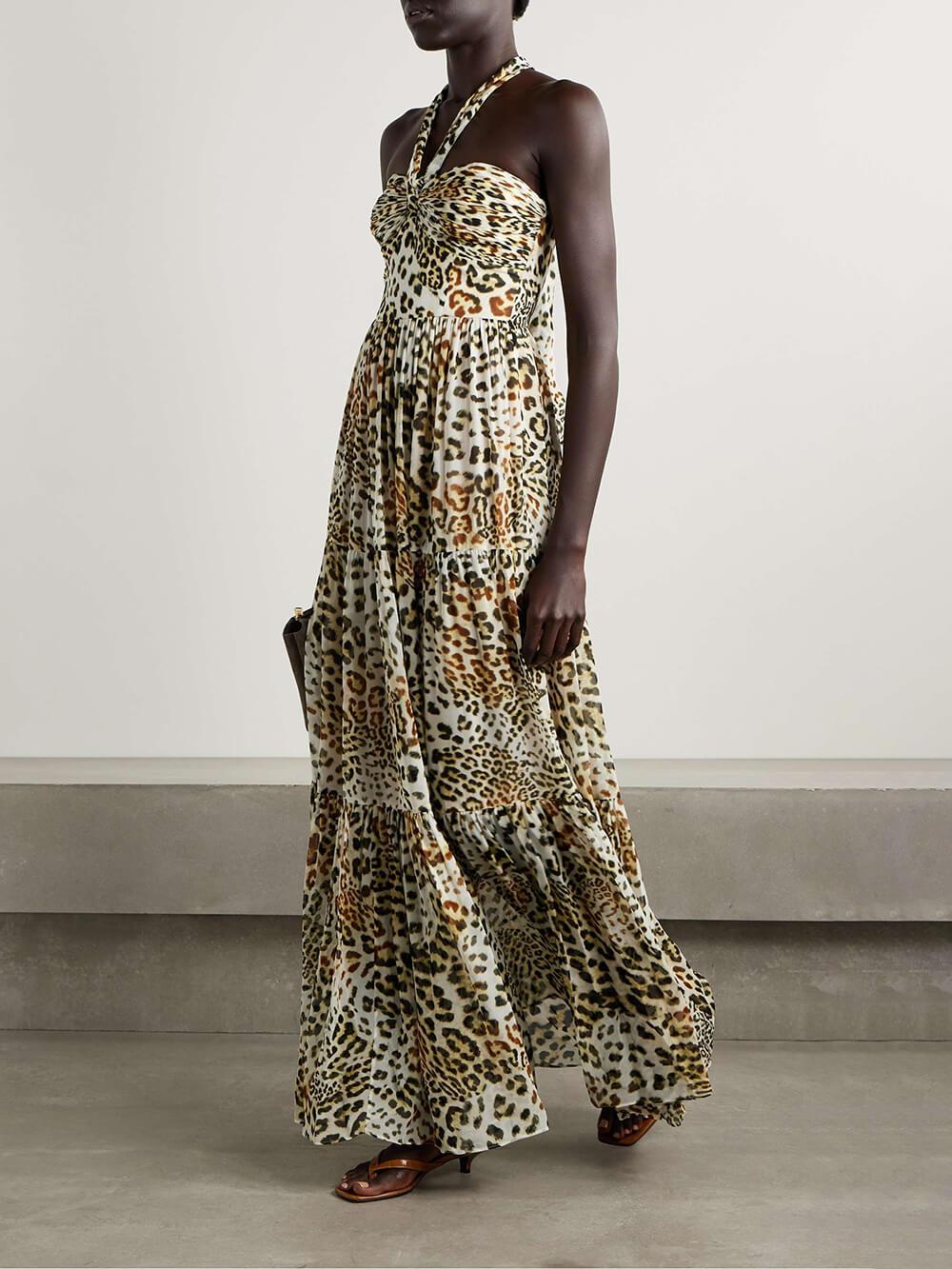 Aurohaya Retro Fierce & Feminine Leopard Print Chiffon Halter Maxi Dress Leopard