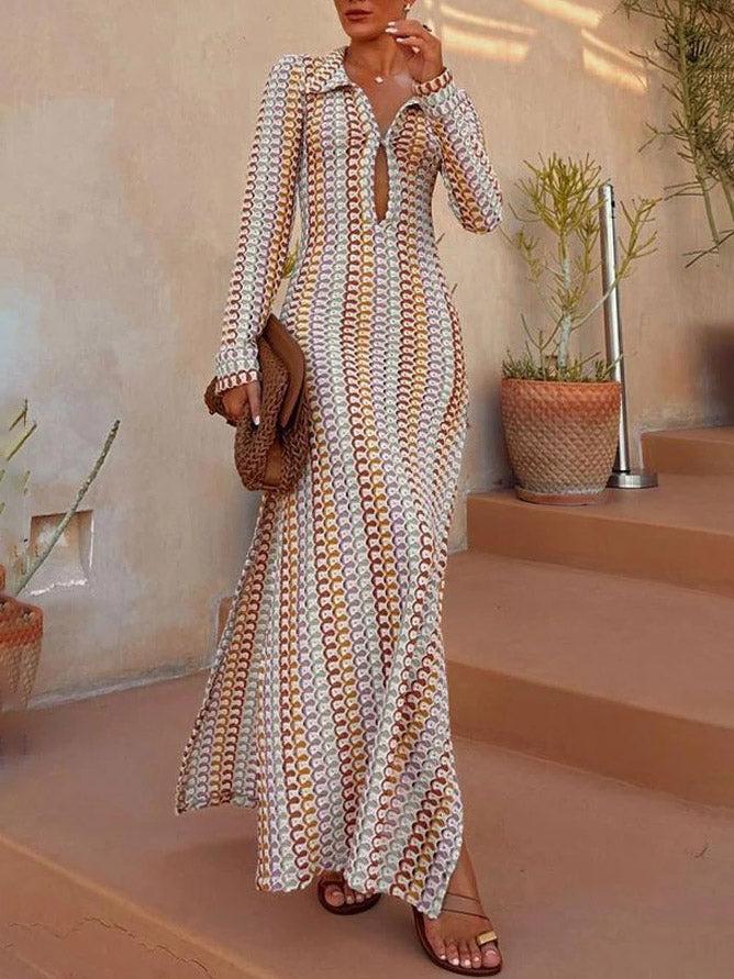 Aurohaya Casual Shirt Collar Slit Wave Stripe Crochet Holiday Maxi Dress Multi