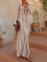 Casual Shirt Collar Slit Wave Stripe Crochet Holiday Maxi Dress