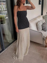 Aurohaya Elegant Contrast Polka Print Chiffon Flowy Maxi Dress Black