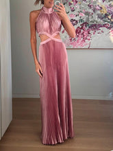 Aurohaya Elegant High-neck Halterneck Satin Pleated Maxi Dress Pink