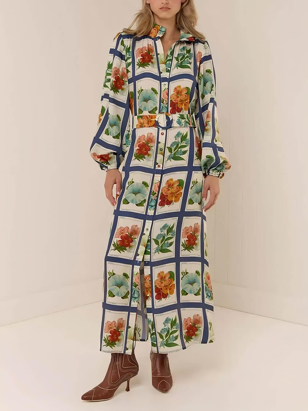 Aurohaya Casual Chic Linen Tie-Waist Maxi Dress Blue