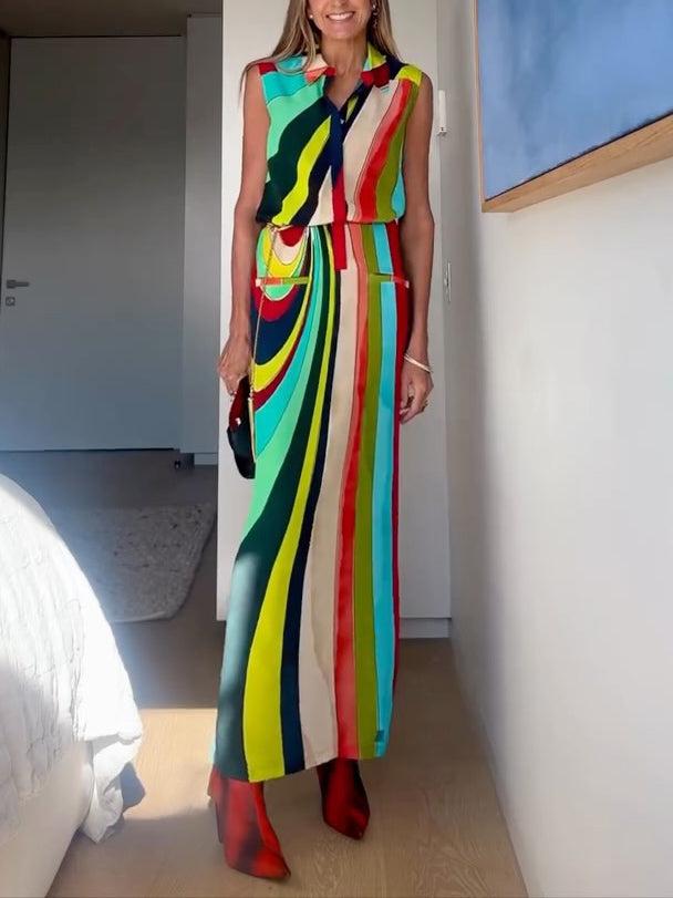 Aurohaya Unique Painted Irregular Stripes Sleeveless Maxi Dress Multi