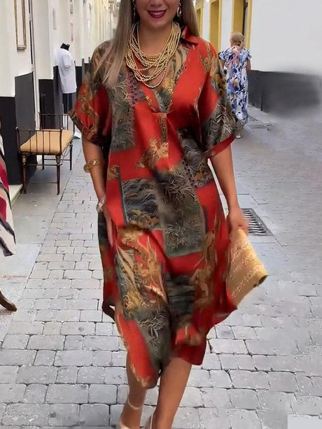 Aurohaya Retro Satin Print V-Neck Shirt Midi Dress Red