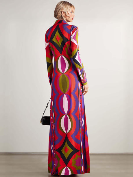 Aurohaya Unique Retro Abstract Print Shirt Collar Maxi Dress