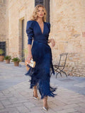Elegant Tassel V-Neck Long Sleeve Maxi Dress