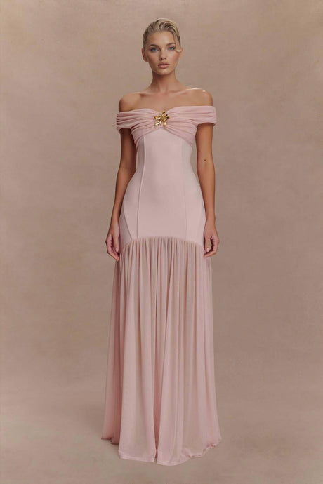 Aurohaya Elegant Floral-Embellished Strapless Bodycon Maxi Dress Pink