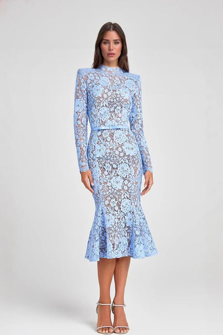 Aurohaya Elegant Lace Belted Long Sleeve Mermaid Midi Dress Blue