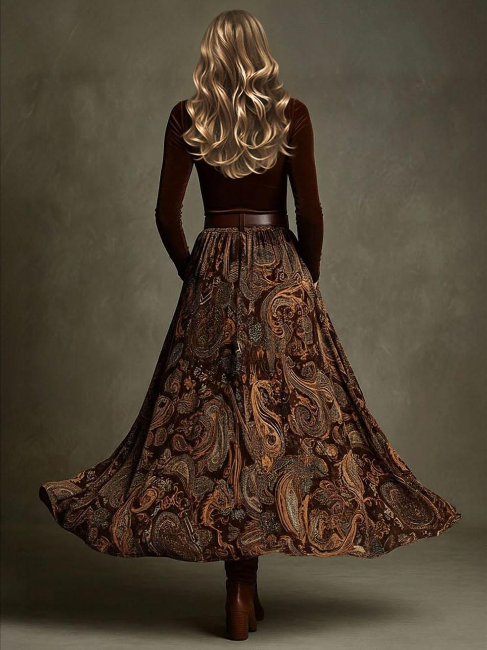 Aurohaya Retro Stretch Velvet Top And Paisley Print Maxi Skirt Set