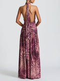 Aurohaya Elegant V-Neck Abstract Phalaenopsis Print Maxi Dress