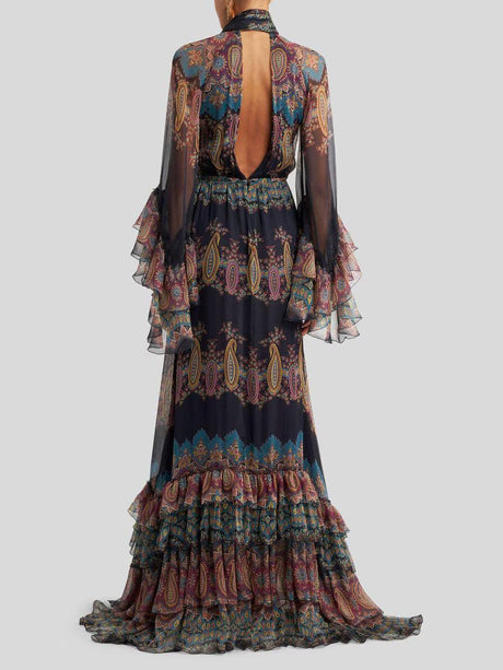 Aurohaya Elegant Retro Paisley Print Ruffle Tiered Maxi Dress