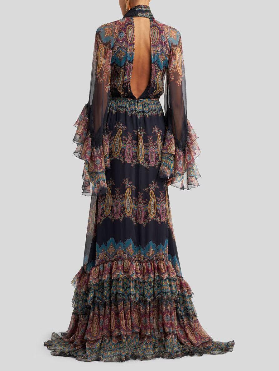 Aurohaya Elegant Retro Paisley Print Ruffle Tiered Maxi Dress