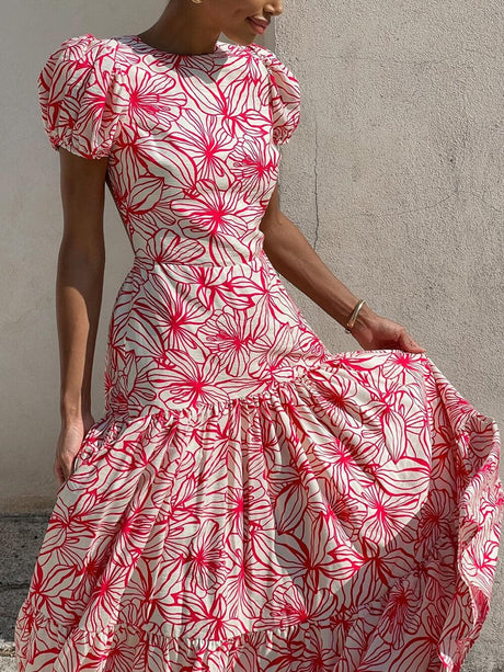 Aurohaya Beautiful Floral Print Cutout Open Back Pleated Maxi Dress