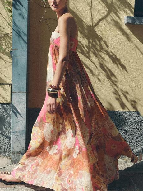 Aurohaya Ethnic Floral Print Off Shoulder A-line Maxi Dress