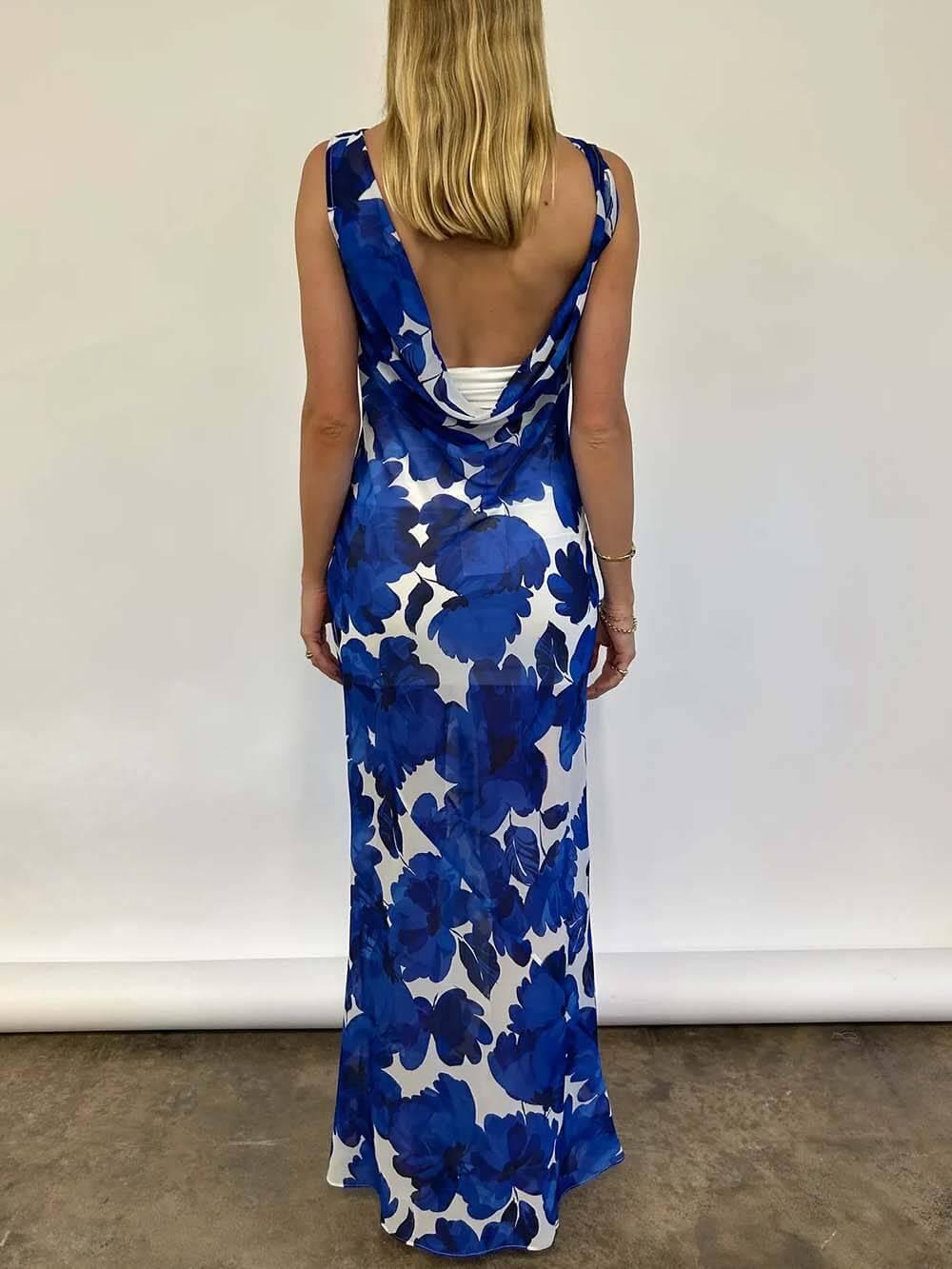 Aurohaya Elegant Floral Print Tie-Back Draped Open-Back Maxi Dress