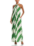 Aurohaya Exquisite Striped Print Halter Neck Backless Maxi Dress