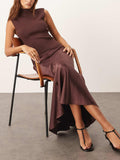 Elegant Knitted Satin Spliced Low-Waist Midi Dress