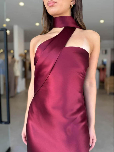 Aurohaya Elegant Satin Tie-Detail Party Maxi Dress