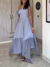 Classic Stripe Print One-Shoulder Asymmetrical Maxi Dress