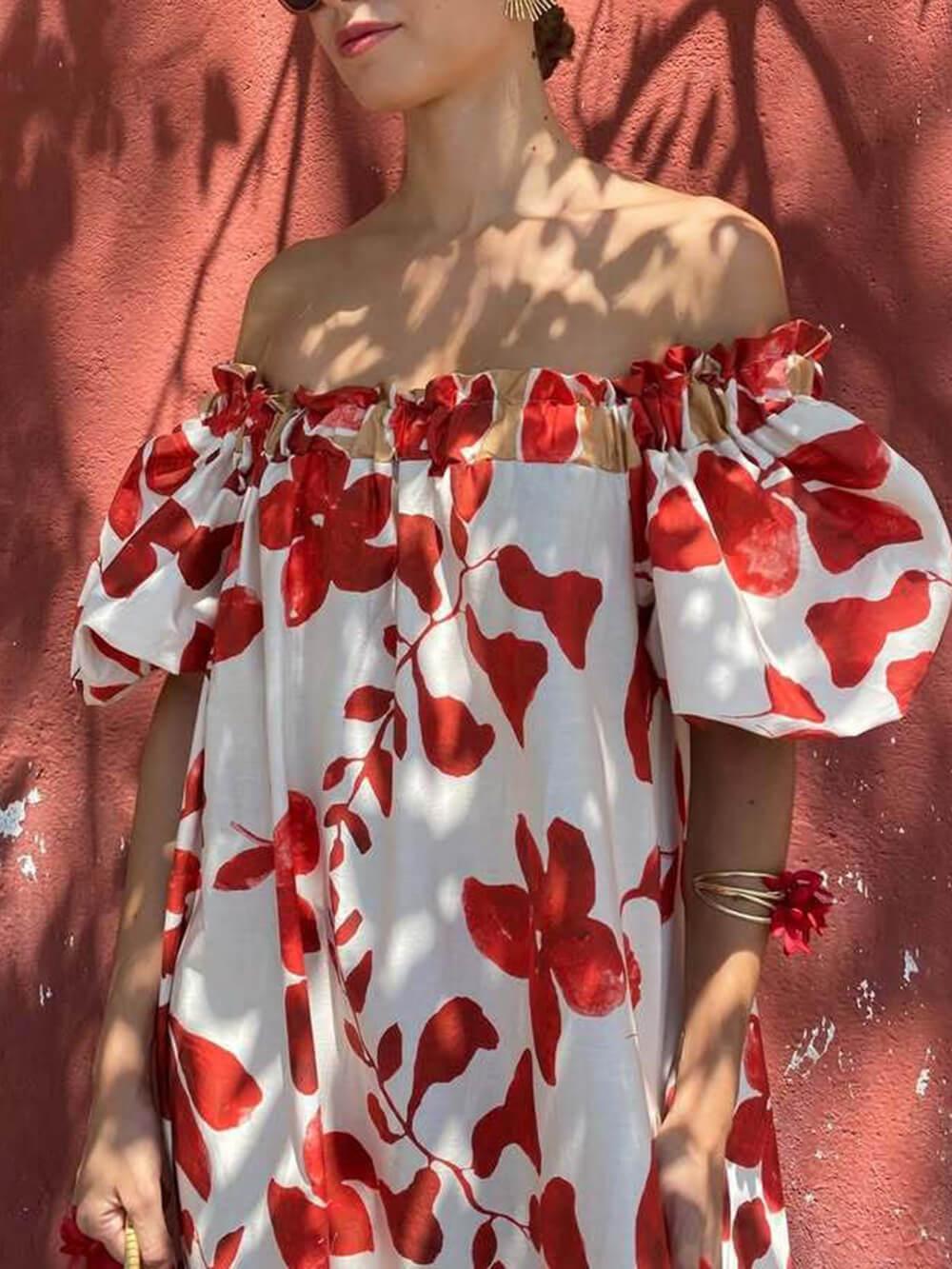 Aurohaya Casual Floral Print Off-Shoulder Puff Sleeve Maxi Dress