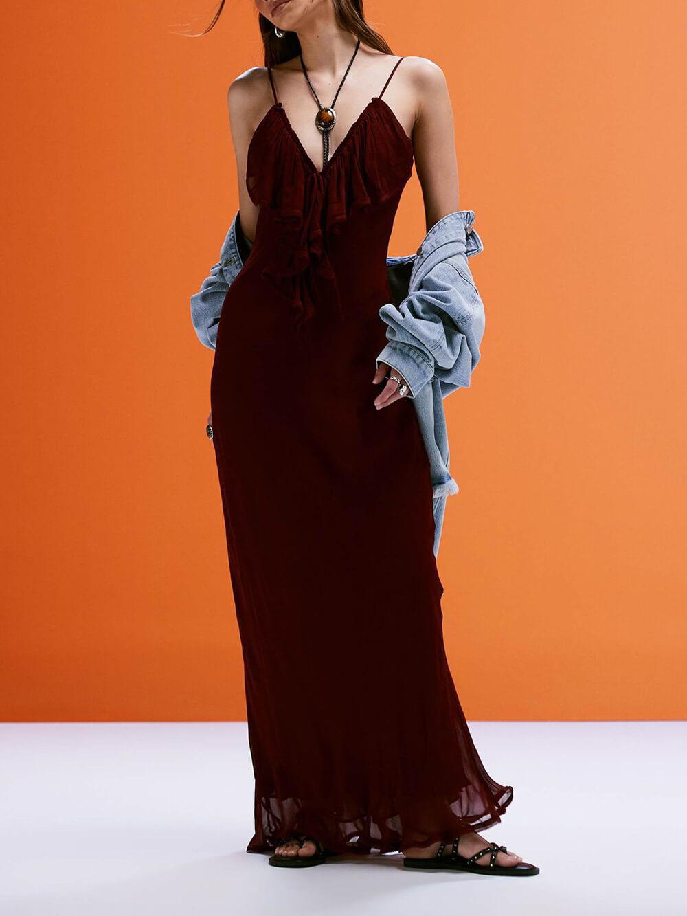 Aurohaya Exquisite Mango Ruffle Front Maxi Dress