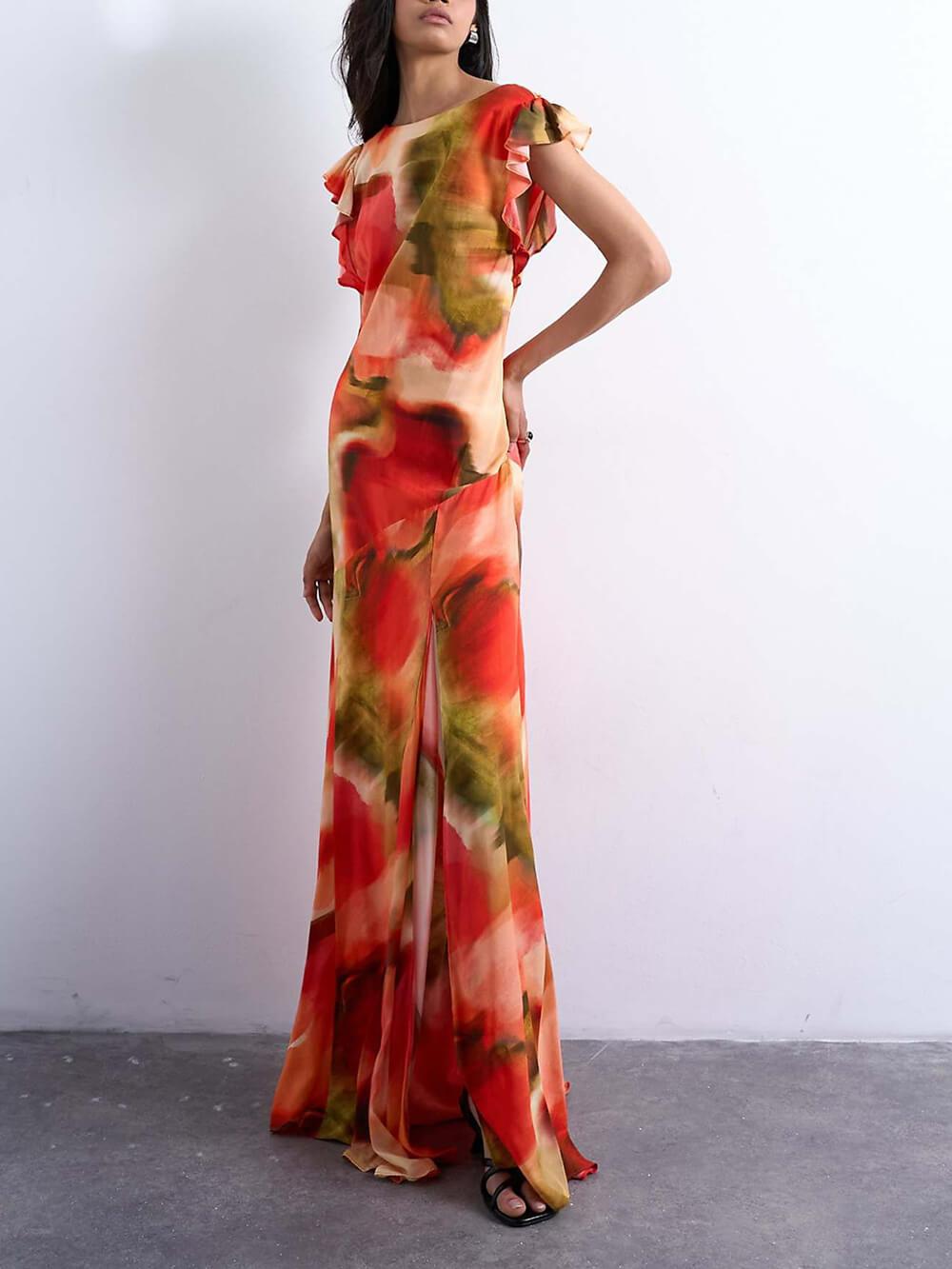 Aurohaya Unique Abstract Floral Print Draped Back Flowing Sleeves Maxi Dress Multicolor