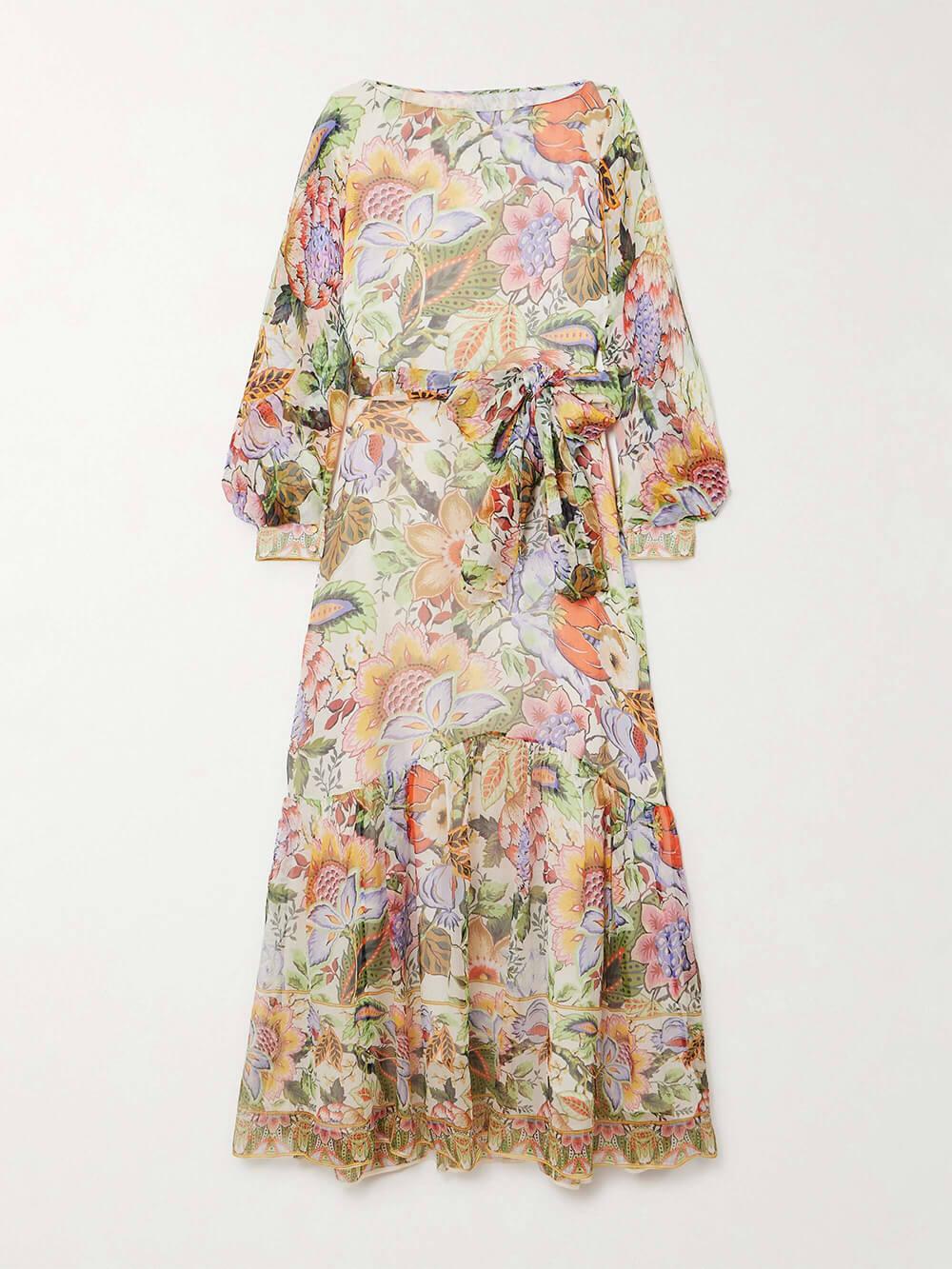 Aurohaya Exquisite Belted Floral-Print Chiffon Crepon Maxi Dress