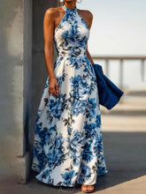 Aurohaya Elegant Floral Print Halter Neck Holiday Style Slim Maxi Dress Blue