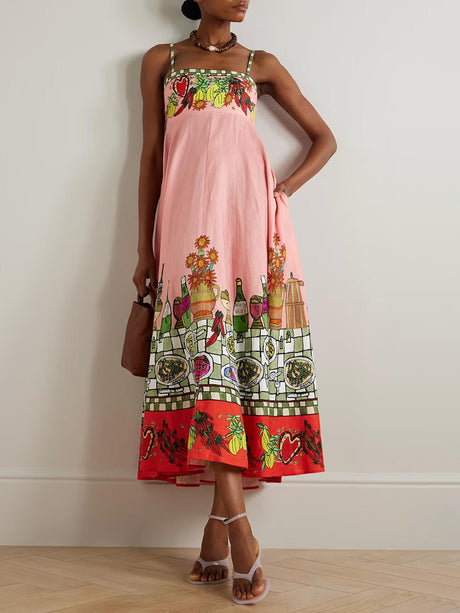 Aurohaya Unique Print Off-Shoulder Linen Midi Dress Pink