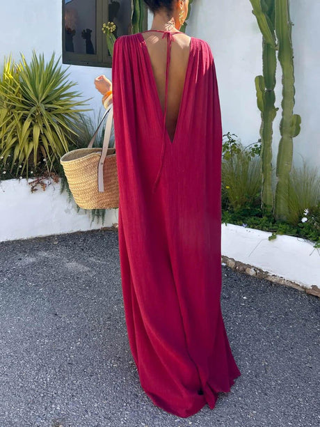 Aurohaya Bohemian Backless Slit Vacation Maxi Dress