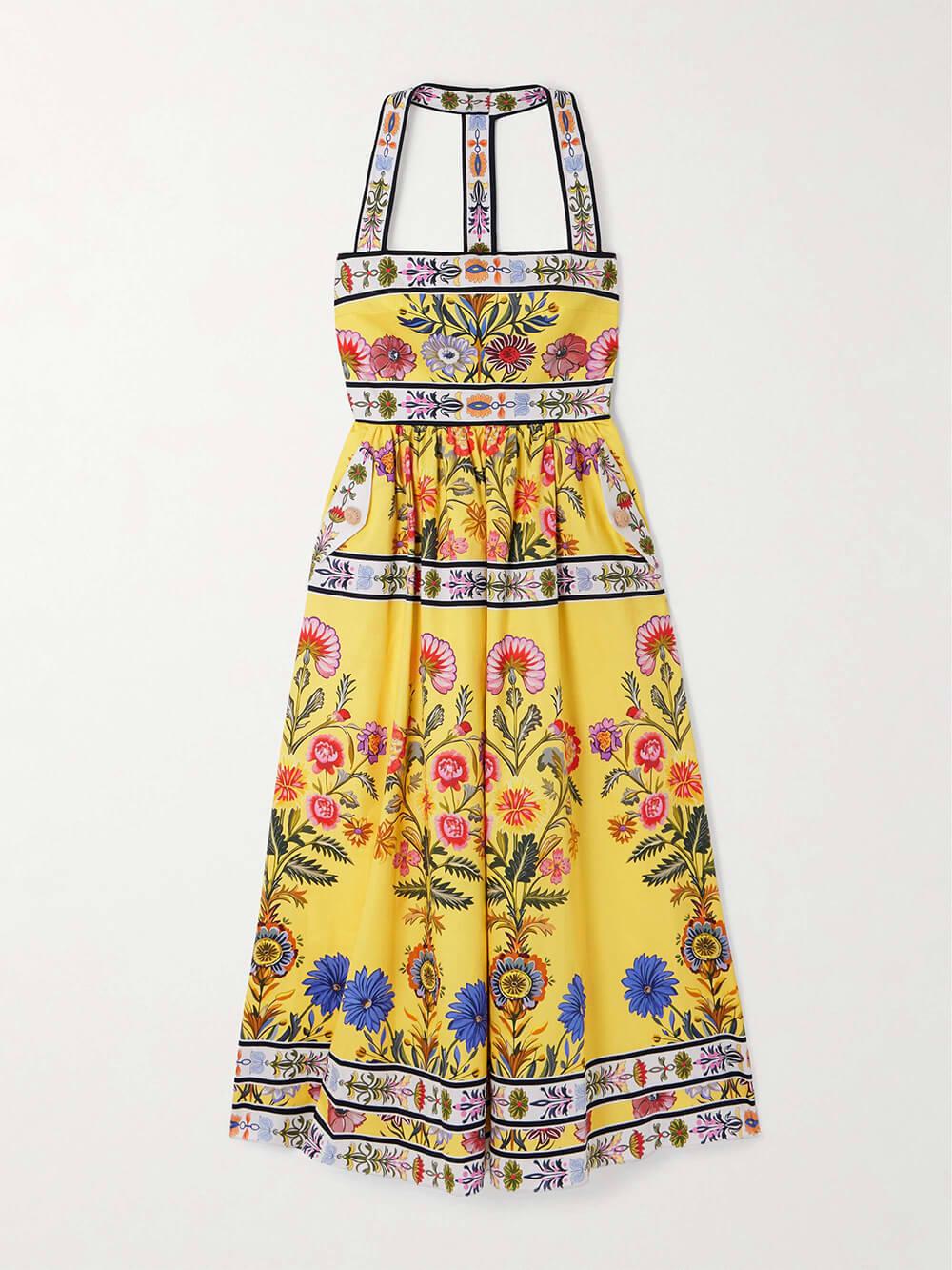 Aurohaya Unique Satin Floral Print Racerback With Pockets Midi Dress
