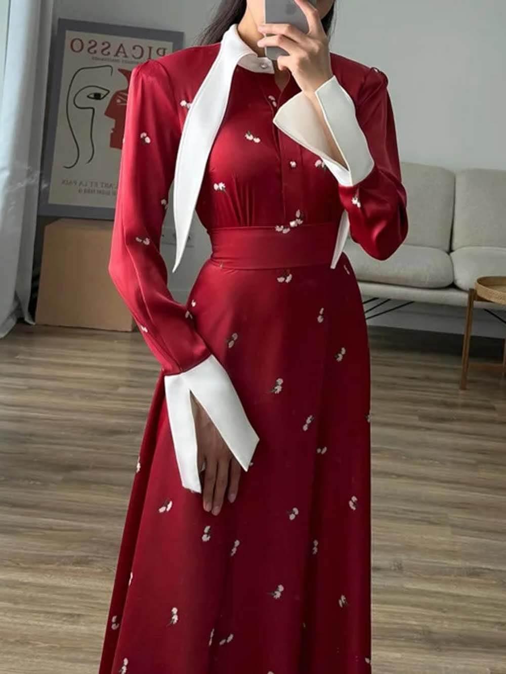 Aurohaya Elegant Patchwork Print Satin Dress