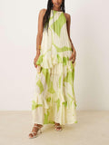 Aurohaya Exquisite Abstract Print Backless Tiered Ruffle Maxi Dress Green