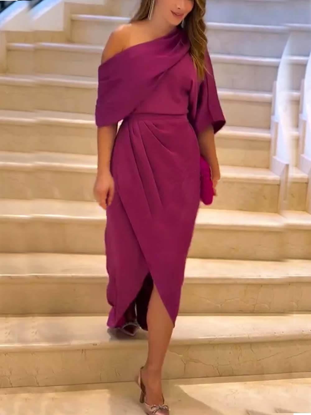 Aurohaya Exquisite Satin Irregular Lapel Neckline Design Ruched Maxi Dress